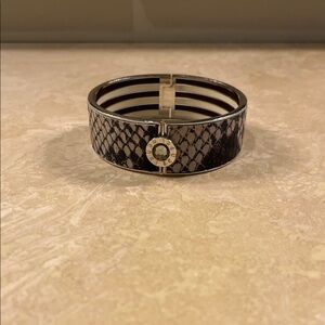 Henri Bendel Bangle Bracelet Snake Print Cream Brown Rhinestone Chunky Statement